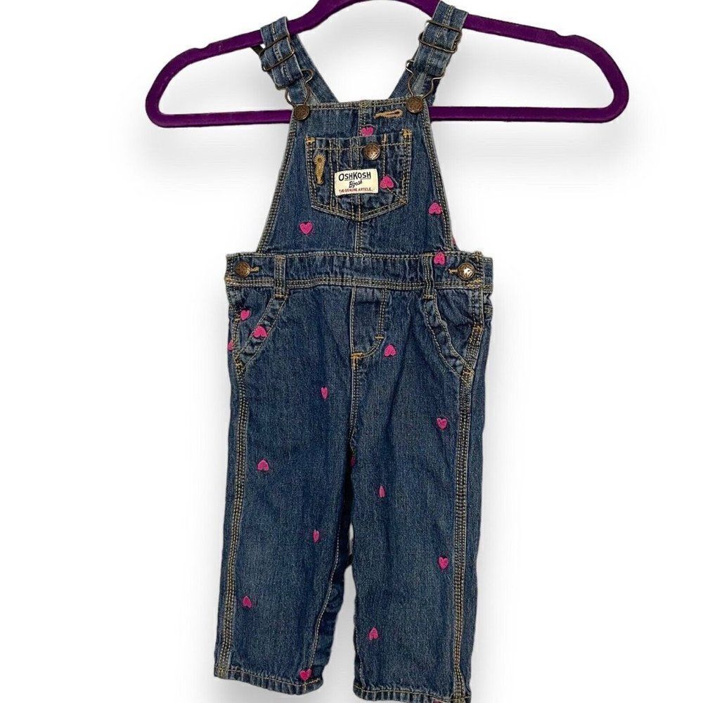 Oshkosh B'gosh Bib Overalls Baby Girls 12 Months Embroidered Hearts Adjustable